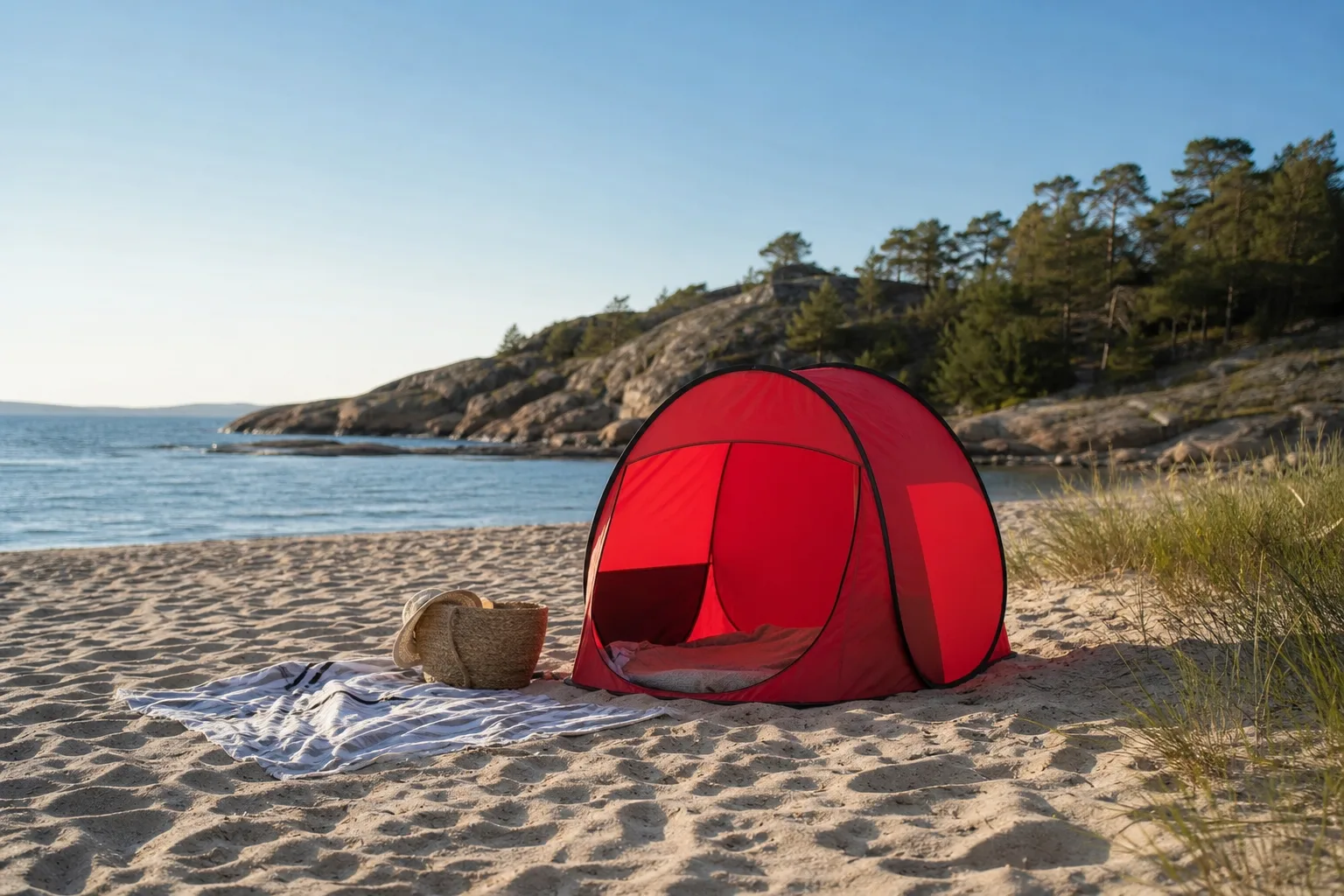 Pop up-tält i klarröd färg uppfällt på en sandstrand med badhandduk bredvid