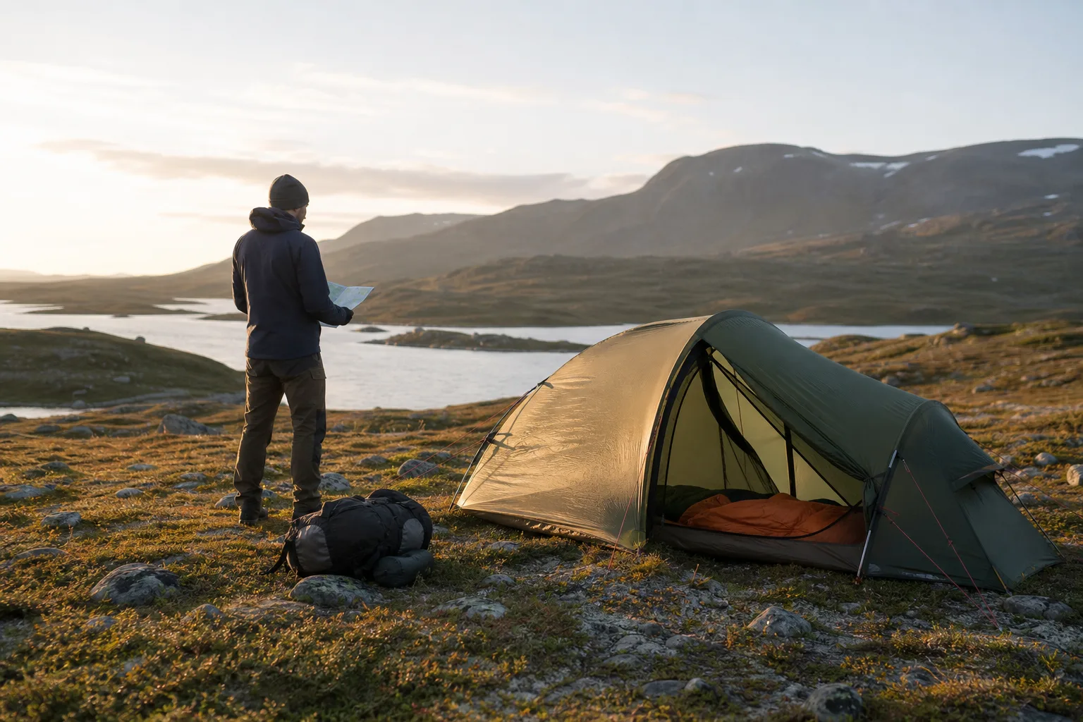 Vandrare studerar ett uppslaget tält på en fjällhed och överväger storlek och placering