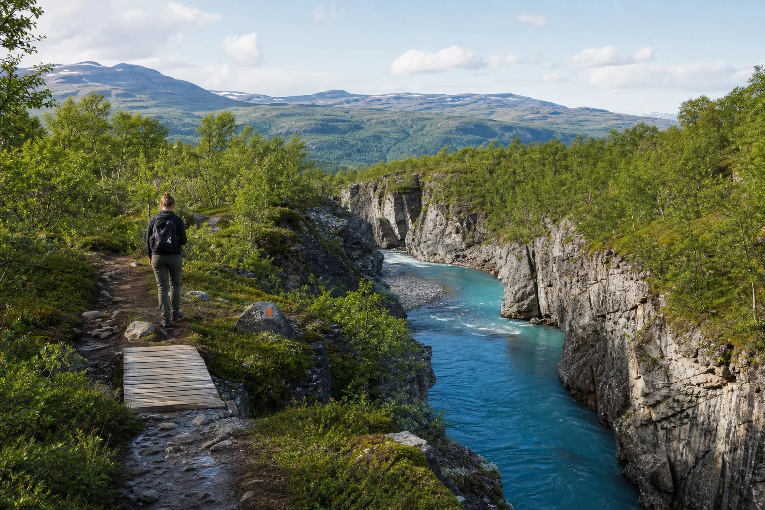 Fjällbjörkskog och blå kanjon i Abisko nationalpark en klar sommardag