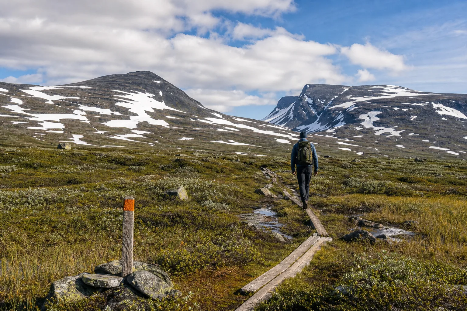 Vandringsled genom öppen fjällterräng med snöfläckar mot ett högfjällspass i bakgrunden