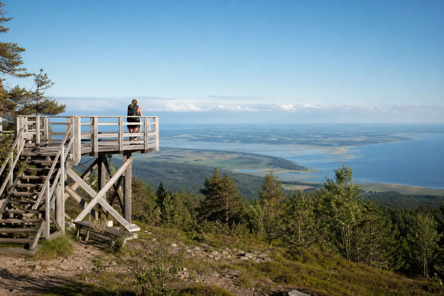 Utsiktstorn på ett bergskrön med vy över Vättern och skog nedanför Omberg