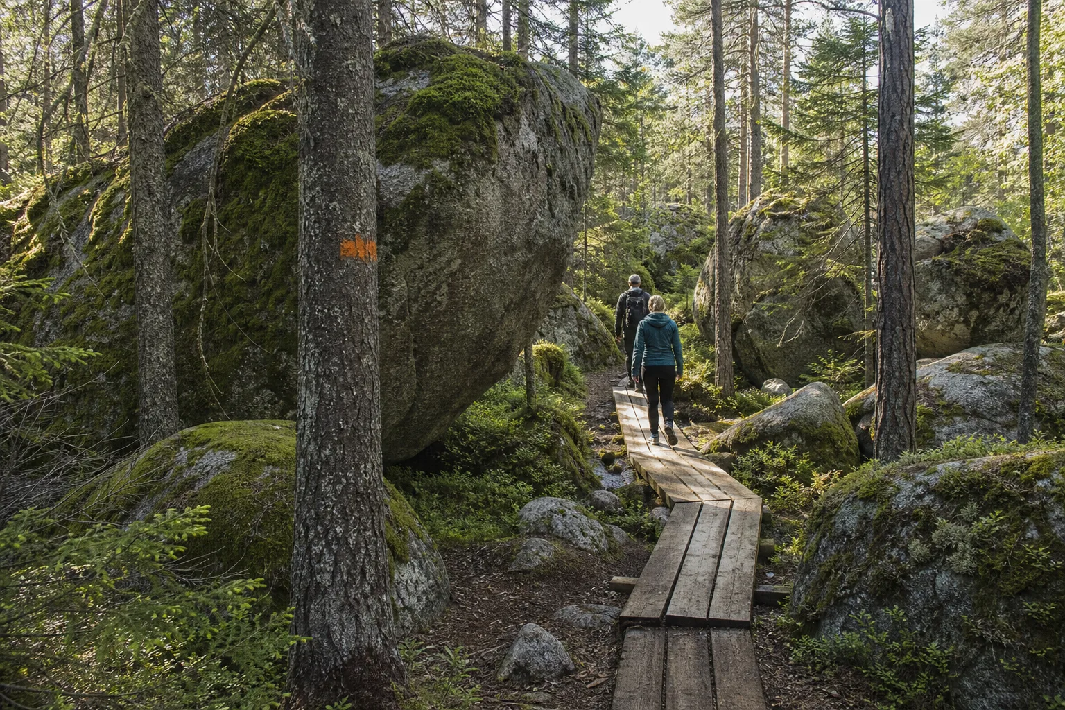 Vandringsled genom blockig tallskog i Tivedens nationalpark en sommardag