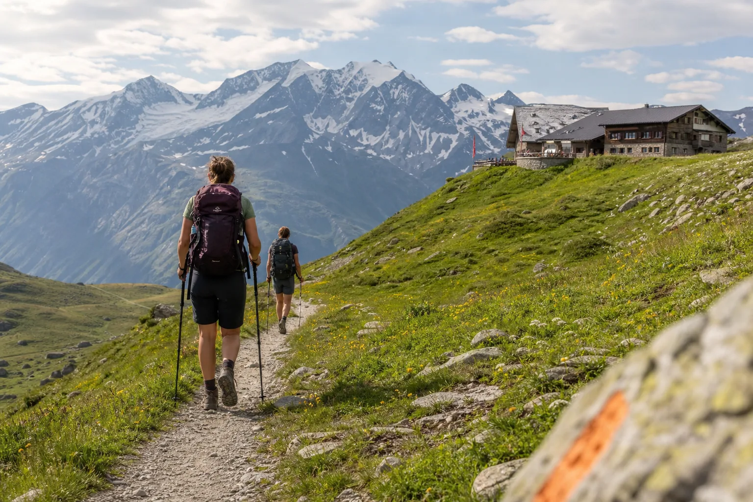 Vandrare på en alpin stig mellan gröna berg med en bemannad bergsstuga i fjärran