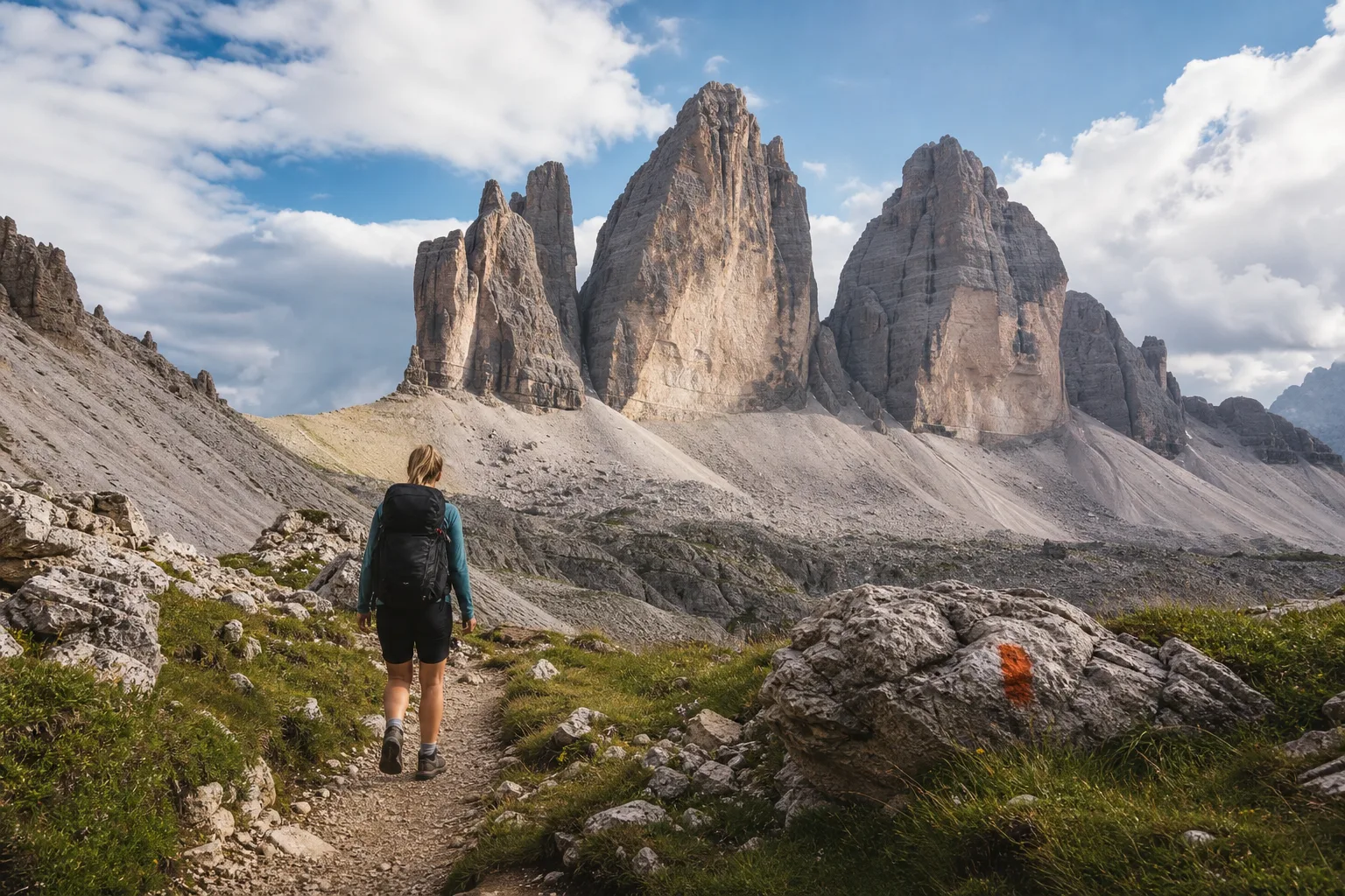 Vandringsled mot de tre karaktäristiska bergstopparna Tre Cime di Lavaredo i Dolomiterna