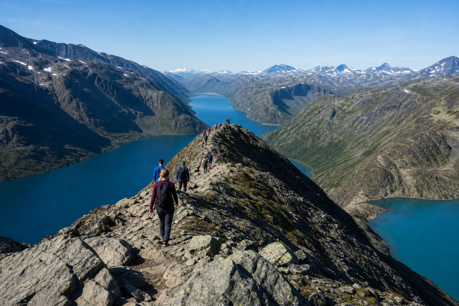 Vandrare på en smal bergskam med utsikt över norska fjäll och sjöar