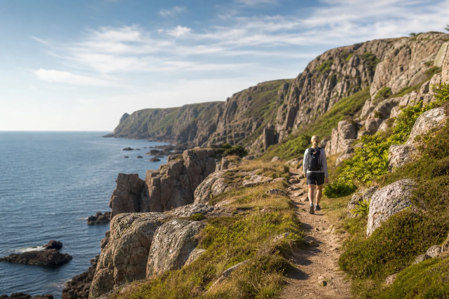 Klippig kuststig på Kullaberg med utsikt över havet en klar dag